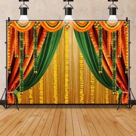Leowefowa 10x8ft Vinyl Indian Pooja Backdrop Decoration for Photography Puja Hindu Mehndi Festival Background Ganpati Pooja Backdrop for Bridal Shower Wedding Party Marigold Garlands Photo Props