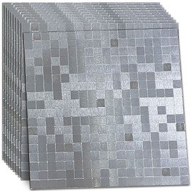 XUANINY 10-Piece Self-Adhesive Metal Backsplash, Peel and Stick Tile for Kitchen Brushed Aluminium Surface backsplash (11.73"x11.73",10) (Silver Brushed)