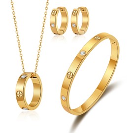 sineed Love Bracelet Earring Necklace Set for Women 18K Gold Plated Trendy Stainless Steel Luxury Love Hoop Earring Bangle Pendant Jewelry Set (6.5 Inches)