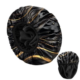 BHAHB Luxury Shower Cap Reusable Terry Cloth Lined EVA Triple Waterproof Layer Elastic Hair Bath Caps for Women Girls Cute-Black Marble