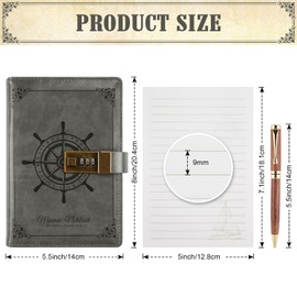 Lock Diary, Leather Writing Journal with Pen, Vintage Writing Notebook Refillable Combination Locked Journal Planner Agenda Personal Diary,Gift for Women Girls Boys Adult(Grey)
