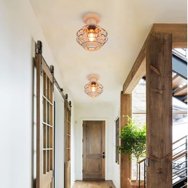 LIGKIN Ceiling Light Vintage Boho Rattan Lamp Pendant Lamp Wood E27 Braided Lampshade Ceiling Lamp Diameter 20 cm Rustic Industrial Ceiling Lights for Bedroom Nursery Hallway Corridor