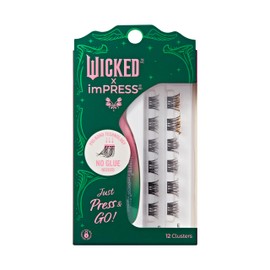 WICKED X imPRESS Press On Self Adhesive Eyelashes, ‘Wizard's Palace’, 12 Lash Clusters, 8mm-10mm, Medium Volume, Yellow Glittery Stars, Pink & Green Mini Applicator