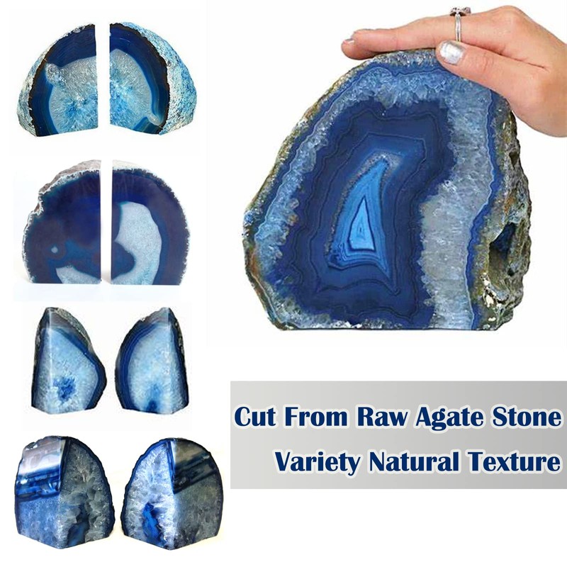 Yougoals Blue Agate Bookends for Shelves, Geode Crystal Book Ends