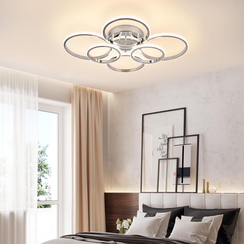 Sovinzert Modern Ceiling Lights, 6 Rings Dimmable Chrome LED Ceiling