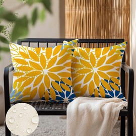 RABUSOFA Outdoor Pillow Covers Waterproof 18x18 Inch Set of 2 Cushion Covers,Dali Floral Decoratiove Throw Pillows,Mustard Yellow Patio Funiture Garden Decor Pillowcase for Sofa Couch Navy Blue(01-18)