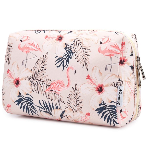 Large Makeup Bag Zipper Pouch Travel Cosmetic Organizer for Women and Girls (Large, Beige Flamingo)