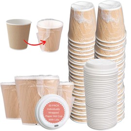 LPS Lowpricesupply 50 PACK 10 oz. Kraft Ripple Individually Wrapped Paper Hot Cup with Lids For Cafe, Hotel Motel Room, takeout box