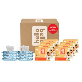 Hello Bello Mega Surprise Pack, Size 1 (8-12 lbs), 256ct Hypoallergenic Assorted Diapers with a Soft, Cloth-Like Feel Plus 360 Ultra Gentle Unscented Baby Wipes in 6 Resealable Packs
