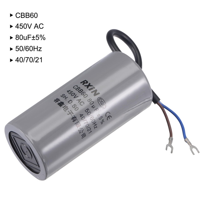 uxcell CBB60 Run Capacitor 80uF 450V AC 2 Wires 50/60Hz