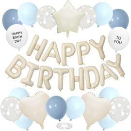 Dusty Blue Birthday Decorations for Men Women Kids,White Sand Cream Happy Birthday Banner Balloons Heart Star Foil Clear White Polka Dot Balloons for Birthday Baby Shower Party Decorations