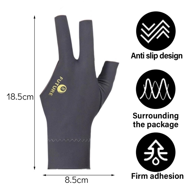 DLPRK 2 Snooker-Handschuhe, verstellbare Nylonhandschuhe, Dreifingerhandschuhe, atmungsaktiv, grau (Linke Hand)