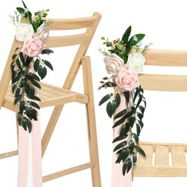 Hoteam 16 Pcs Wedding Aisle Decorations for Wedding Ceremony Pew Artificial Flowers Rose for Church Chair Back Floral with Eucalyptus Leaves and Ribbons for Wedding Ceremony Party Decor (Pink, Beige)