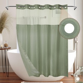 MEKOTRIN Hookless Shower Curtain with Snap on Liner Waffle Fabric Double Layer, 74 x 71 Inch Weighted Green Shower Curtains with Viewing Window, Bath Curtain Waterproof for Bathroom Hotel(Green)