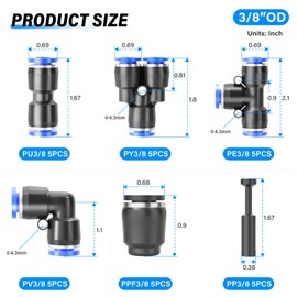 TAILONZ PNEUMATIC 3/8 Inch od Push to Connect Fittings Pneumatic Fittings Kit 5 Spliters+5 Elbows+5 tee+5 Straight+5 PPF+5 PP (30 pcs)