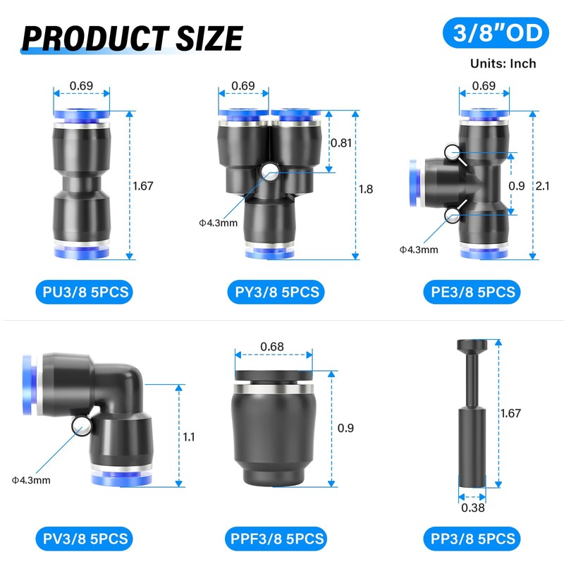TAILONZ PNEUMATIC 3/8 Inch od Push to Connect Fittings Pneumatic