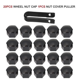 WeddHuis Pack of 20 wheel bolt caps 17 mm, wheel nut caps 20 x + 1, wheel bolt caps, wheel nut caps, universal plastic caps, hexagonal tyre nut caps with disassembly tool set, black, 17 mm