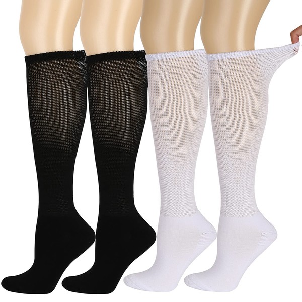 Athlemo Diabetic Socks for Men & Women, No-Binding Knee High Socks 4 Pairs, Cushioned Sole & Seamless Toe, Soft Breathable Extra Wide Diabetic Socks