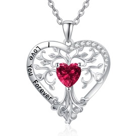 Tree of Life Necklace for Women Sterling Silver July Birthstone Jewellery Ruby Necklace Tree of Life Heart Pendant Necklace Valentines Gifts for Women