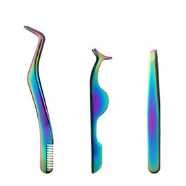 3pcs Eyelash Tweezers Tool, 3 Designs False Eyelash Extension Set Stainless Steel Lash Cluster Applicator with Comb Multifunctional Makeup Kit Tweezers for Women, Beginners (Holographic Colorful)