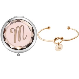 Espejos de maquillaje compactos con bolsillo de vidrio, el juego de espejos incluye 1 espejo de letra, 1 pulsera de nudo de amor para despedidas de soltera, dama de honor, regalos de boda (Champagne M)