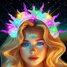JAKAWIN Light Up Mermaid Headband Glowing Starfish Hair Band Shell Pearl Led Costume Hair Accessories for Women (Purple, Normal)