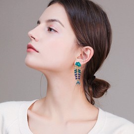 KVANU Creative Exaggerated Long Colorful Sparkly Crystal Fish Bone Dangle Drop Earrings Vintage Gold Cute Enamel Diamond Animal metal Stud Earrings (Green)