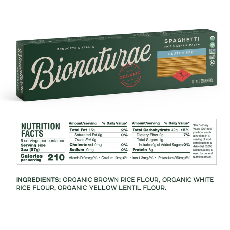 Bionaturae Spaghetti Pasta Noodles - Gluten Free Spaghetti Pasta, Rice