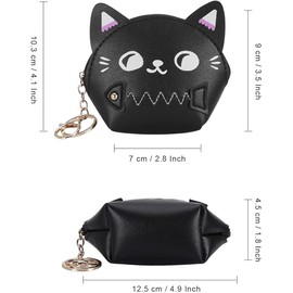Cartoon Cat Coin Purse Keychain Black Cat Zip Coin Purse Cute Kitten Mini Headphone Bag Teenage Small Wallet Keychain Women's and Girl's Fashion Zip PU Leather Coin Purse with Keychain