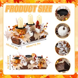 Vesici Neutral Fall Thanksgiving Candle Holder Centerpiece Without Candle Maple Leaves Harvest Tabletop Decor Rustic Artificial Maple Leaves Candelabrum with Pumpkins Berries for Autumn Farmhouse