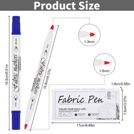 Textile Pens, Machine Washable, Pack of 6, Dual Tip Textile Markers, 1-5 mm Fabric Pens, Washable, Non-Toxic Textile Paint, Fabric Colouring Pens for T-Shirt, Fabric Bag Textiles (Black, White, Blue,