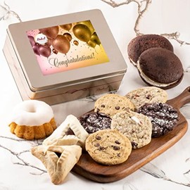 Dulcet Gift Baskets Congratulation Tasteful Treats Tin Gift Basket Filled with Gourmet Bakery Goods Ideal Gift Idea for, Wife, Girlfriend, Mom, Daughter, Dad, Son, or Coworker.