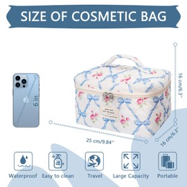 Large Makeup Bag, Cute Cosmetic Bag for Women Girls, Floral Coquette Aesthetic Toiletry Bag, Travel Make Up Organizer Bag (Blue Butterfly)