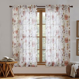 OVZME Crushed Floral Sheer Curtains for Bedroom 63 Inch Length for Living Room 2 Panels Set, Soft Airy Printed Design Textured Light Filtering Drapes, Semi Sheer Bedroom Curtains, Each 42Wx63L inches