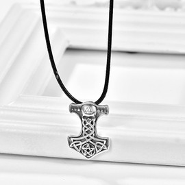 KINGWHYTE Christian Necklace with Leather Rope Chain Mjolnir/Skull/Eagle/Saint Michael Necklace, Men's Nordic Viking Amulet Pendant, Sterling Silver