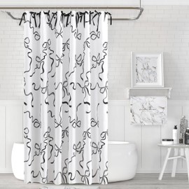 Luxape Bow Shower Curtain, Coquette Handcrafted Bow Tie Bath Curtain for Master Bathroom, Ruched Microfiber Bathroom Curtain with 12 Buttonholes, 72" W x 72" H (Coquette Black)