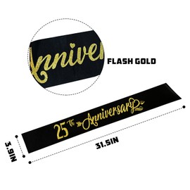25th Anniversary Sash - Happy 25th Wedding Anniversary Soft Black Sash with Gold Foil - Celebration 25th Wedding Anniversary Party Supplies Gift Decors Favors for Husband Wife