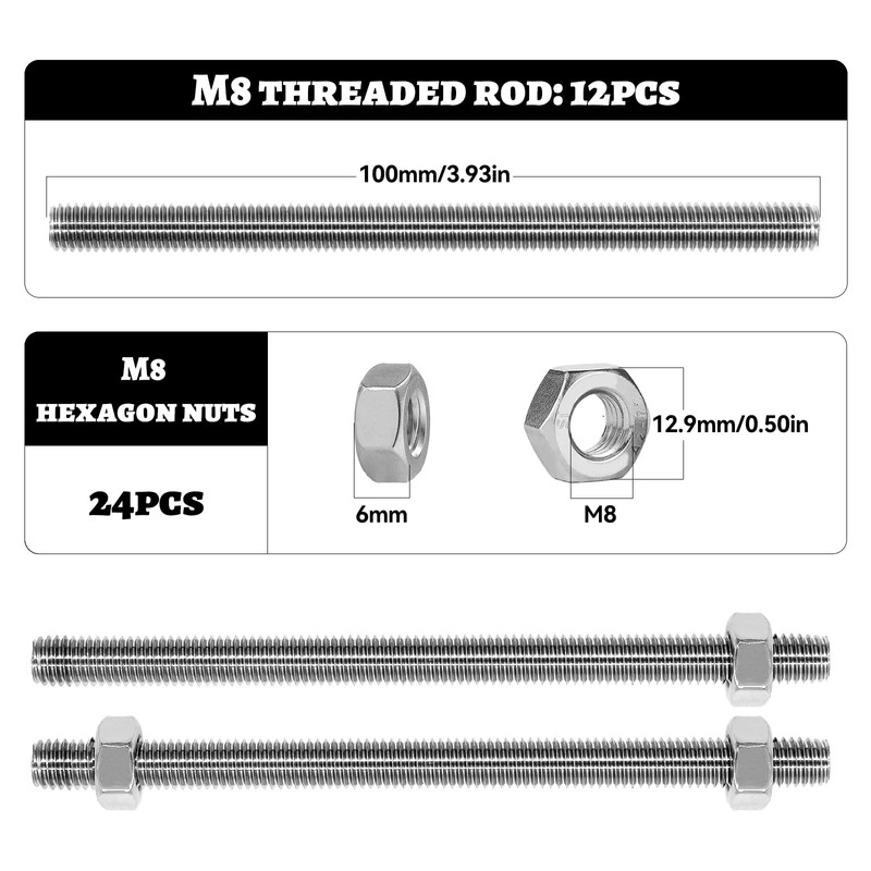 AIMEKE Pack of 12 M8 Threaded Rods, 100 mm Threaded