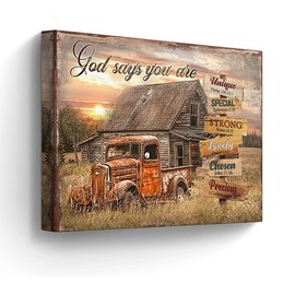 Farmhouse Barn Canvas Wall Art Rusty Red Trucks Vintage Pictures Wall Decor Bible Verse God Says Wall Art Country Sunset View Painting for Bedroom Bathroom Living Room Prints Framed 12"x16"