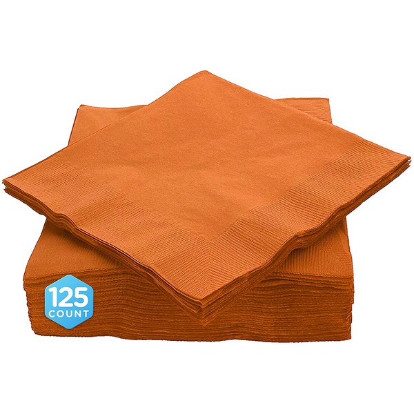 Amcrate Big Party Pack 125 Count Orange Beverage Napkins - Ideal for Wedding, Party, Birthday, Dinner, Lunch, Cocktails. (5” x 5”)