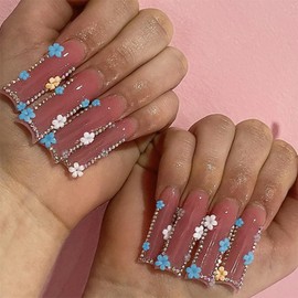 Flower Press on Nails Long Square Fake Nails with Rhinestone Design Nude Pink Glue on Nails Blue Floral Stick on Nails Glossy Summer Nails Yellow White Daisy False Nails for Women Girls Manicure 24Pcs