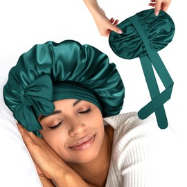 Silk Hair Bonnet for Sleeping Hyaluronic Acid Infused Satin Bonnet with Adjustable Ties,Double-Layer Soft for Women, Dark Green, Large