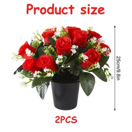 Lotvic Artificial Flowers for Graves, 25cm Grave Flowers, 2 Pcs Grave Pots with Artificial Flowers, 12 Head Red Roses Funeral Flowers, Artificial Flower for Cemetery, Memorial, Christmas Decorations