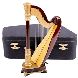 Dselvgvu Wooden Miniature Harp with Case Mini Musical Instrument Harp Replica Collectible Figurines Dollhouse Accessories Model Home Decoration Display Ornament (7.87"x4.41"x2.28")