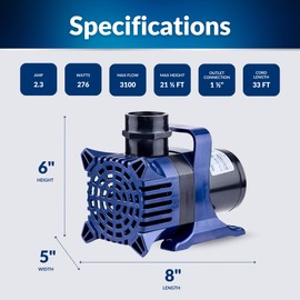 Alpine Corporation PAL3100 3100 GPH Submersible Pump with 33 Ft Cord for Ponds, Waterfalls, Fountains, and Outdoor Water Features, 198W Quiet Motor, 20 Ft Lift, Multi-Angle Flow, Blue