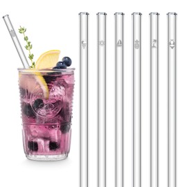 HÅLM Glass Straws – Summer Edition with Engraving – Pack of 6 Straight 20 cm – Summer Straws – Reusable Glass Straws – Includes Plastic-Free Cleaning Brush – Glass Straws