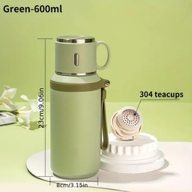 A 20.29 ounce stainless steel thermos with a lid, suitable for outdoor activities to keep drinks hot and cold - Colour: green
