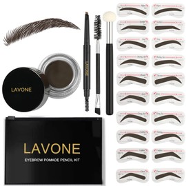 LAVONE Eyebrow Stamp Stencil Kit for Eyebrows, Brow Stamp Trio Kit with Waterproof Eyebrow Pencil, Eyebrow Pomade, 20 Eyebrow Stencils, Dual-ended Eyebrow Brush and Sponge Applicator-Medium Brown