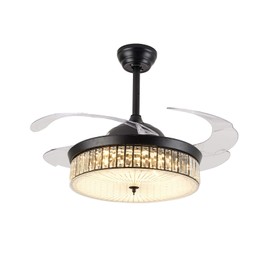 AngelcityCC 42 Inch Crystal Ceiling Fans with Lights, Modern Dimmable Fandelier LED Remote Control Retractable Invisible Blades Indoor Ceiling Light Kits with Fans for Living Room Bedroom