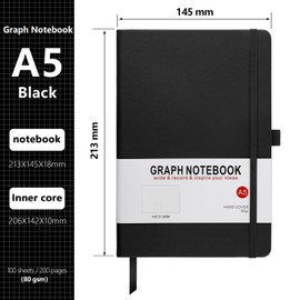 HIJYOO A5 Graph Paper Notebook, Squared Notebook 200 Pages A5 Hardback Notebook with Pen Loop, and Inner Pocket, for Office School Home Business Writing & Note Taking (Black)